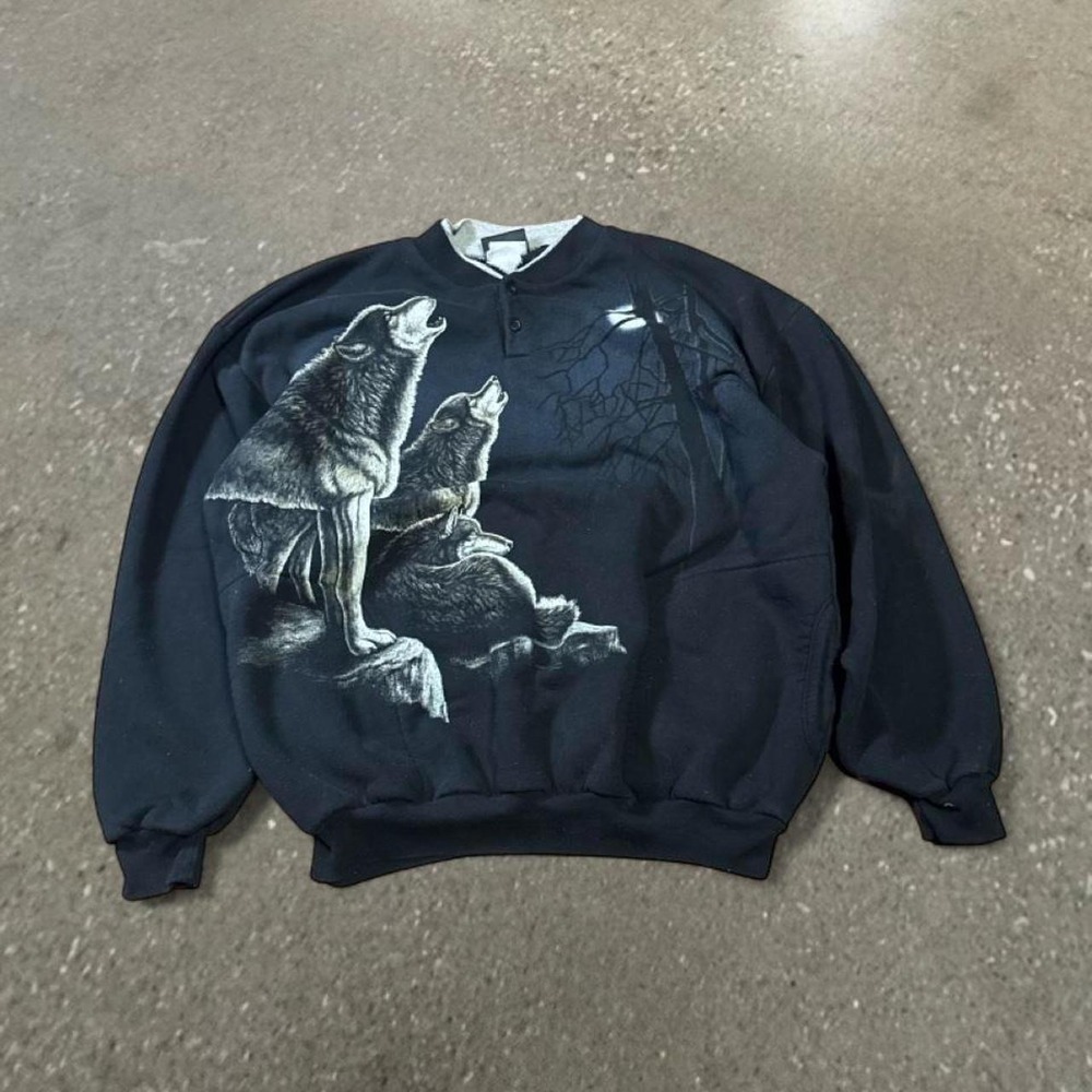 Vintage Art Unlimited Wolves Black Henley Sweatshirt Mens 2XL Howling Moon 90s